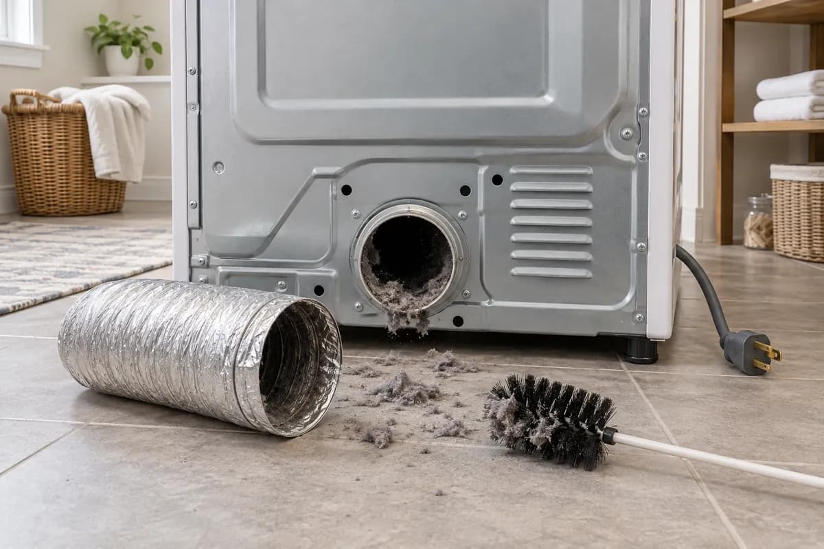 Lint around an unplugged dryer exhaust with a disconnected metal duct and cleaning brush.