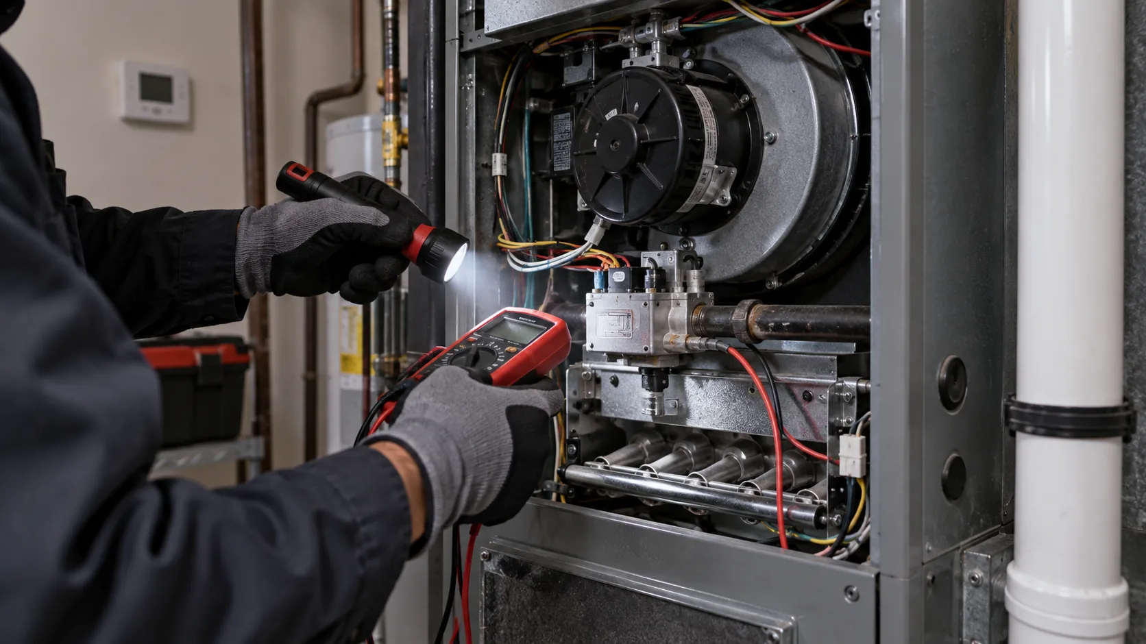 A technician uses a meter and flashlight to inspect an open furnace service panel.