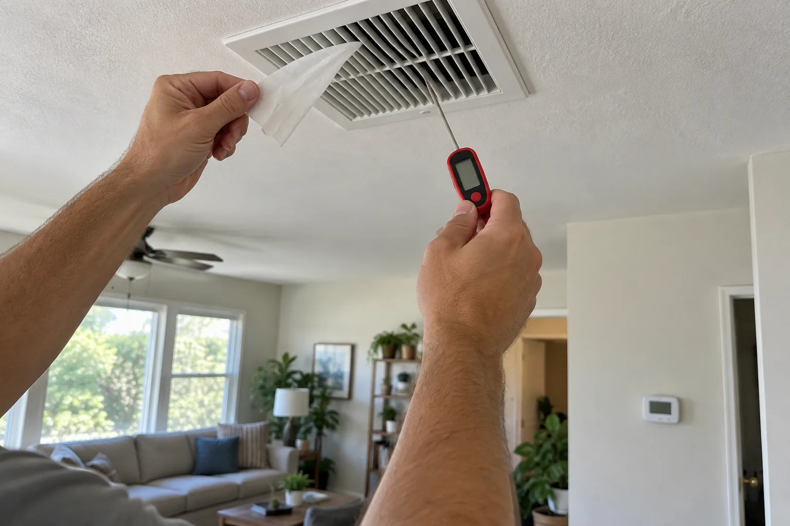 A homeowner checks airflow and temperature at a ceiling supply vent.