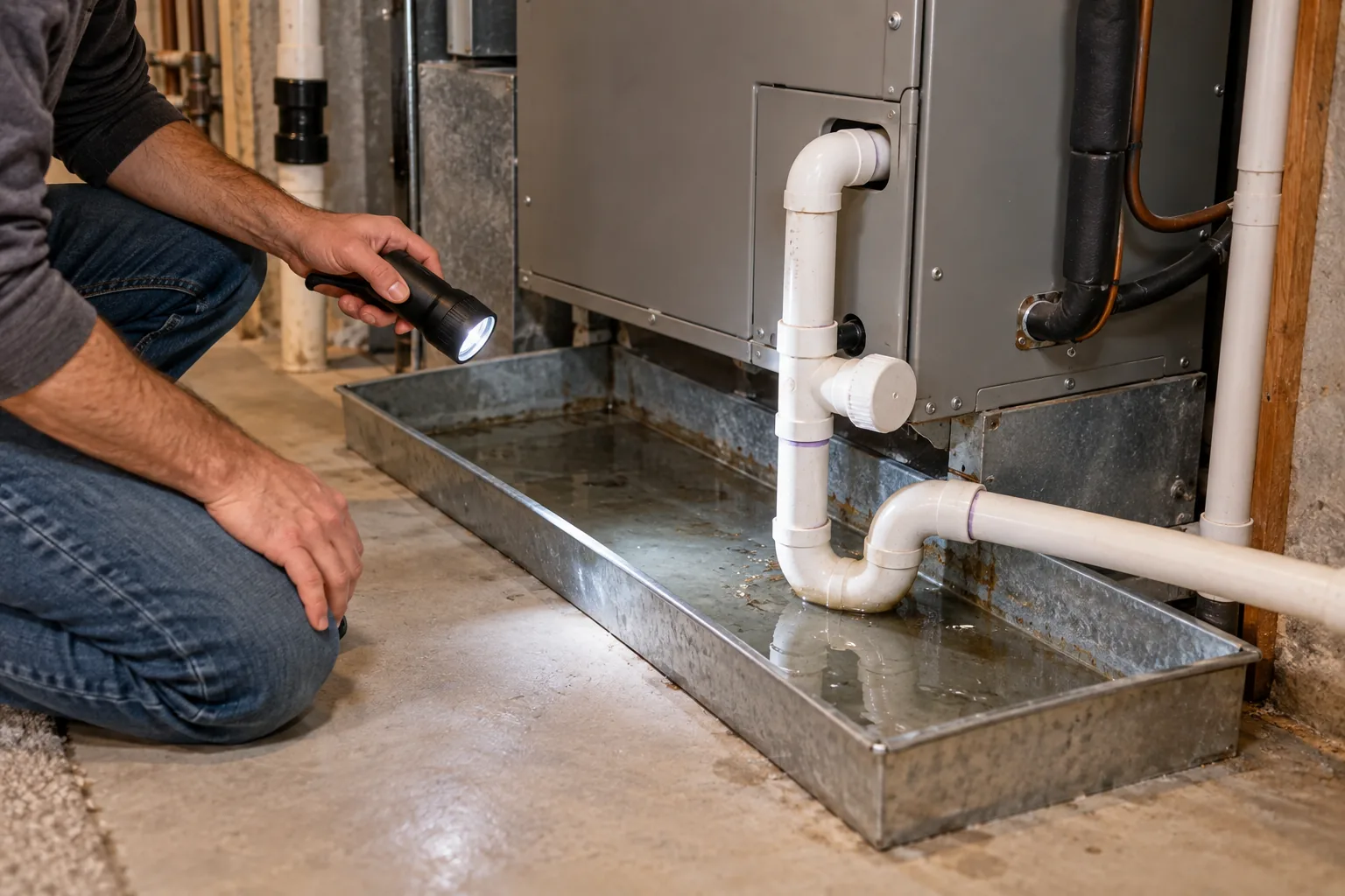 A homeowner inspects a wet drain pan and white PVC condensate line beneath an indoor air handler.