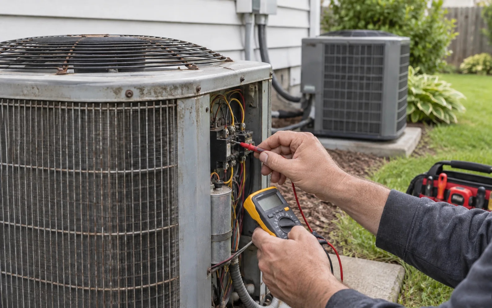 An HVAC technician tests an aging outdoor AC condenser while a newer unit sits nearby.