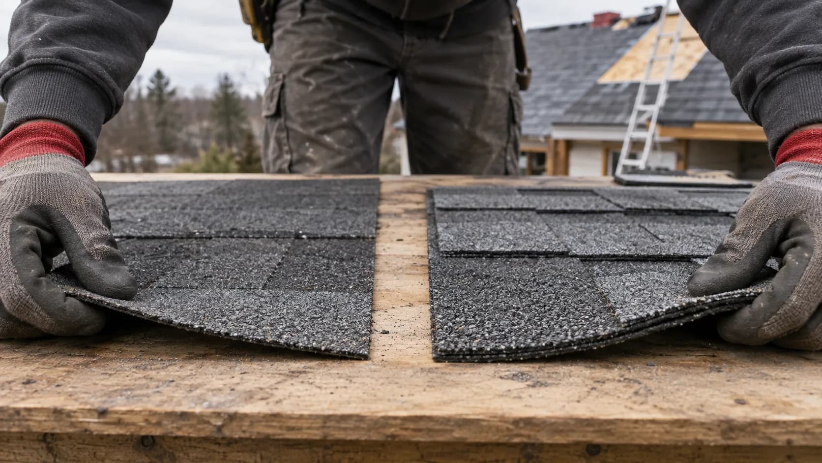 A roofer compares flat three-tab shingles with thicker laminated architectural shingles.