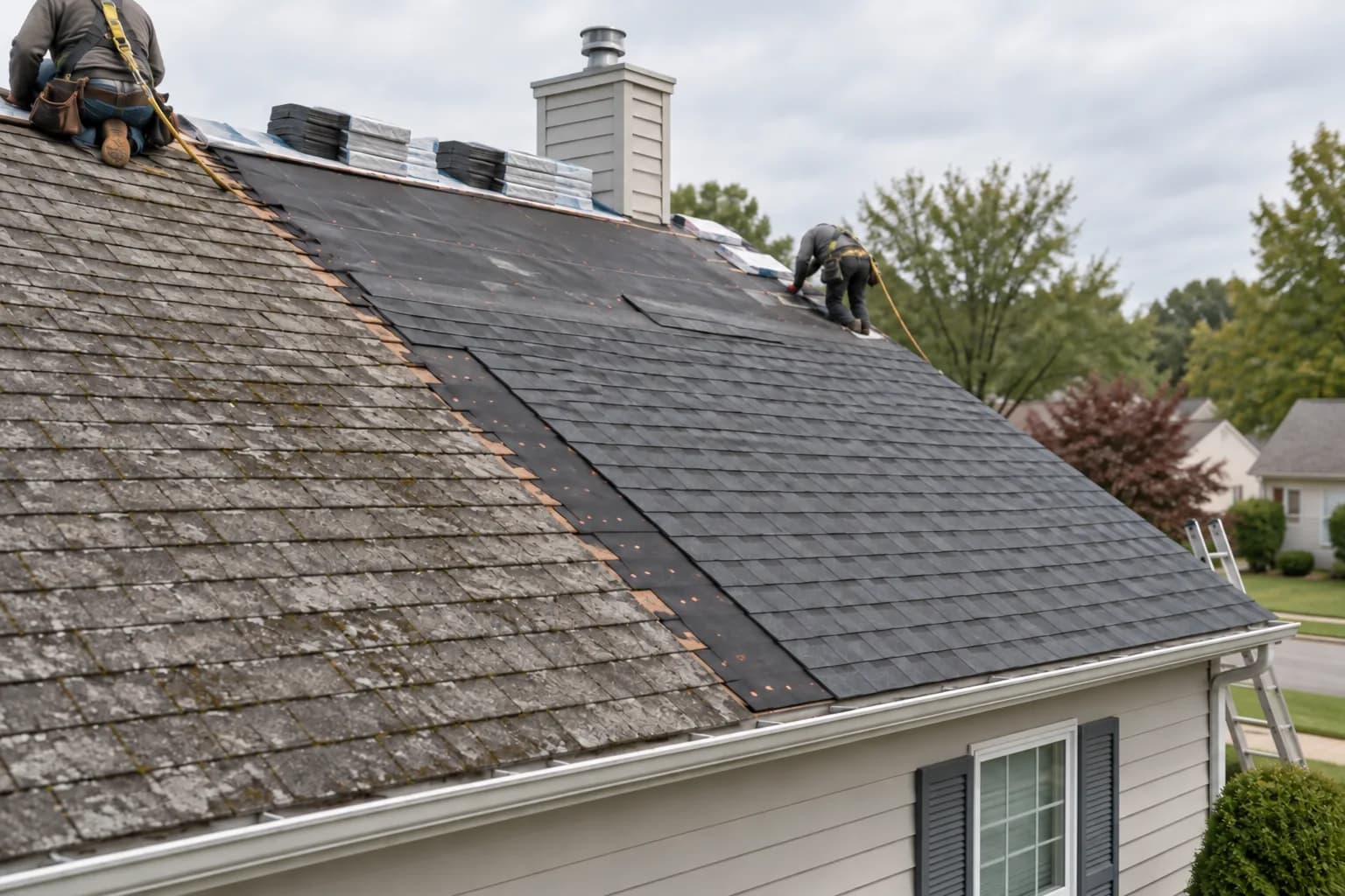 Roofers replace weathered asphalt shingles with new architectural shingles on a suburban home.