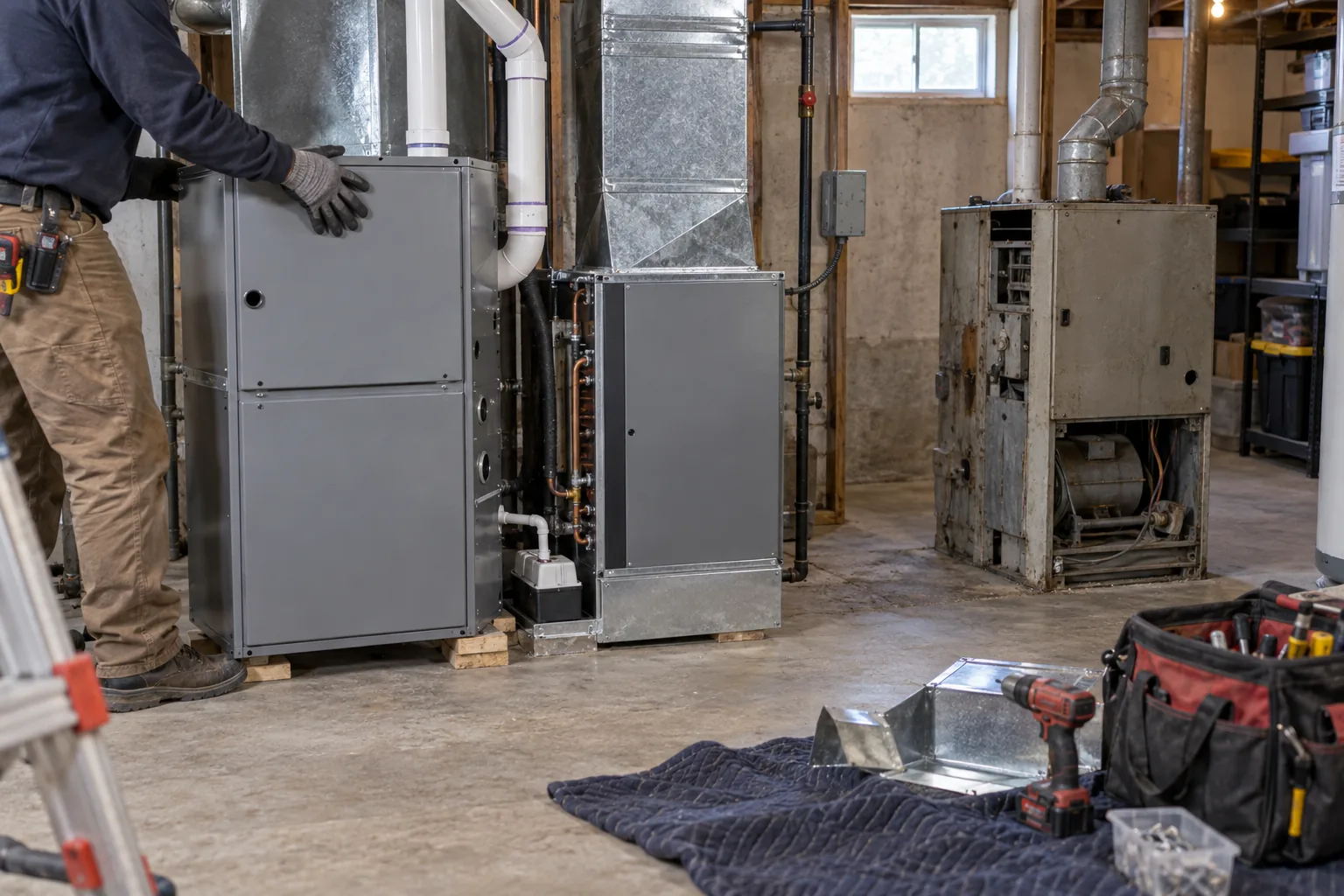 A technician installs new HVAC equipment beside the removed furnace in a basement utility room.
