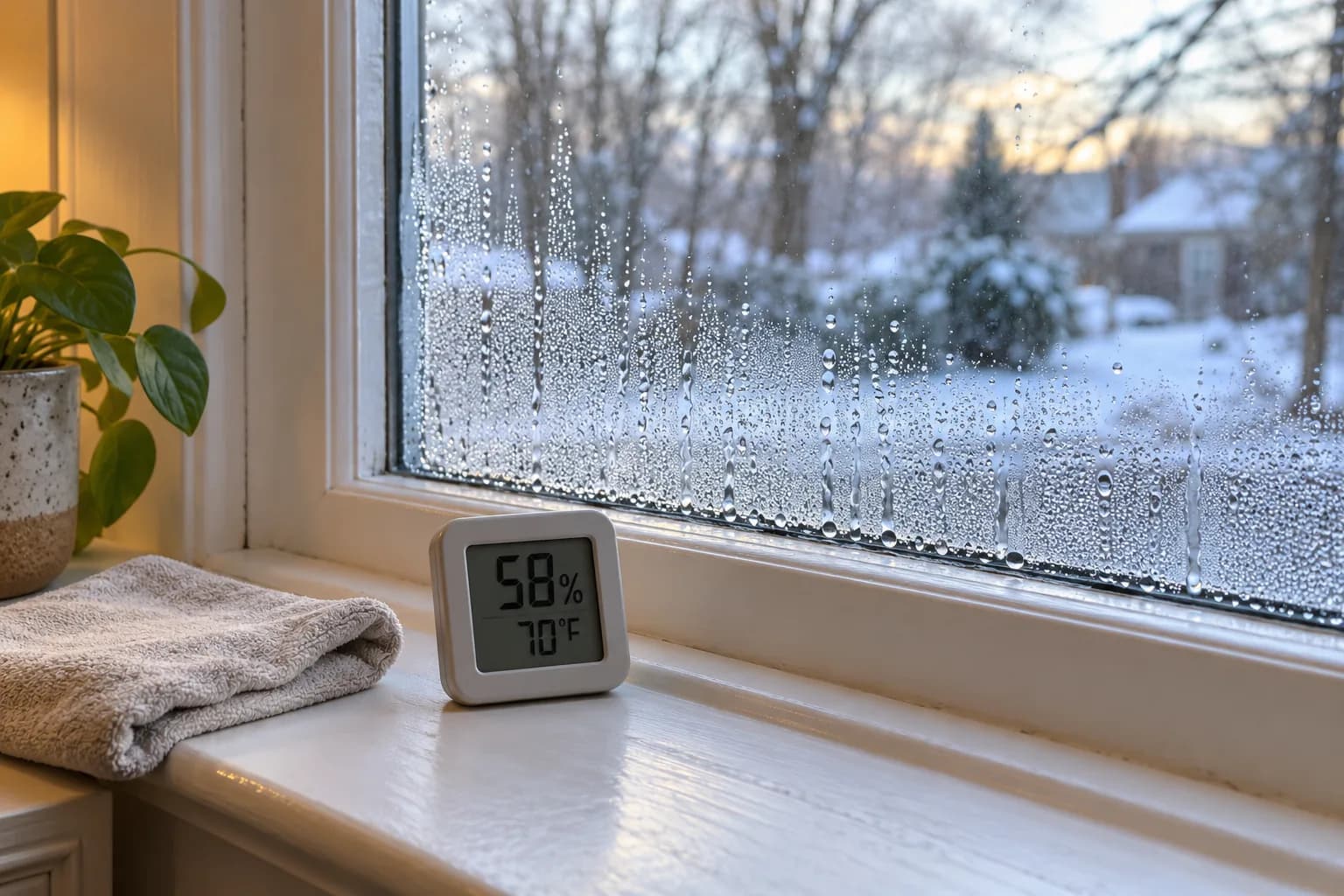 A digital hygrometer sits on a window sill below a pane beaded with condensation on the room side.