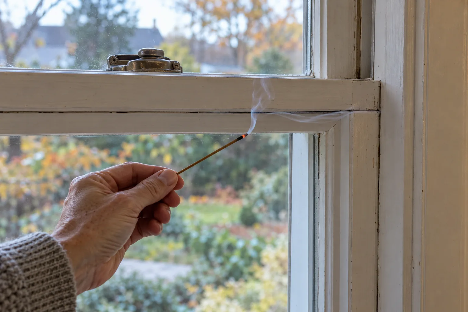 A thin line of incense smoke bends sideways at the meeting rail of a closed double-hung window.