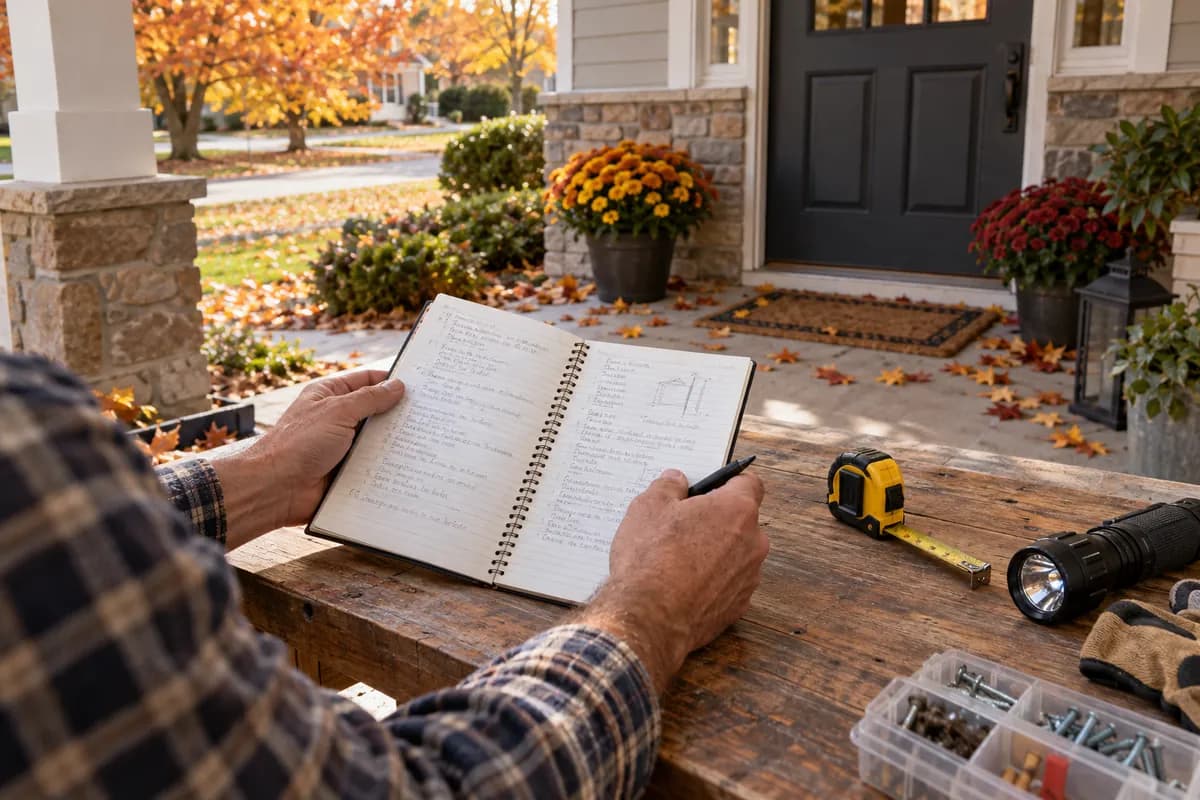 A homeowner reviews a notebook beside a tape measure and flashlight on an autumn porch.