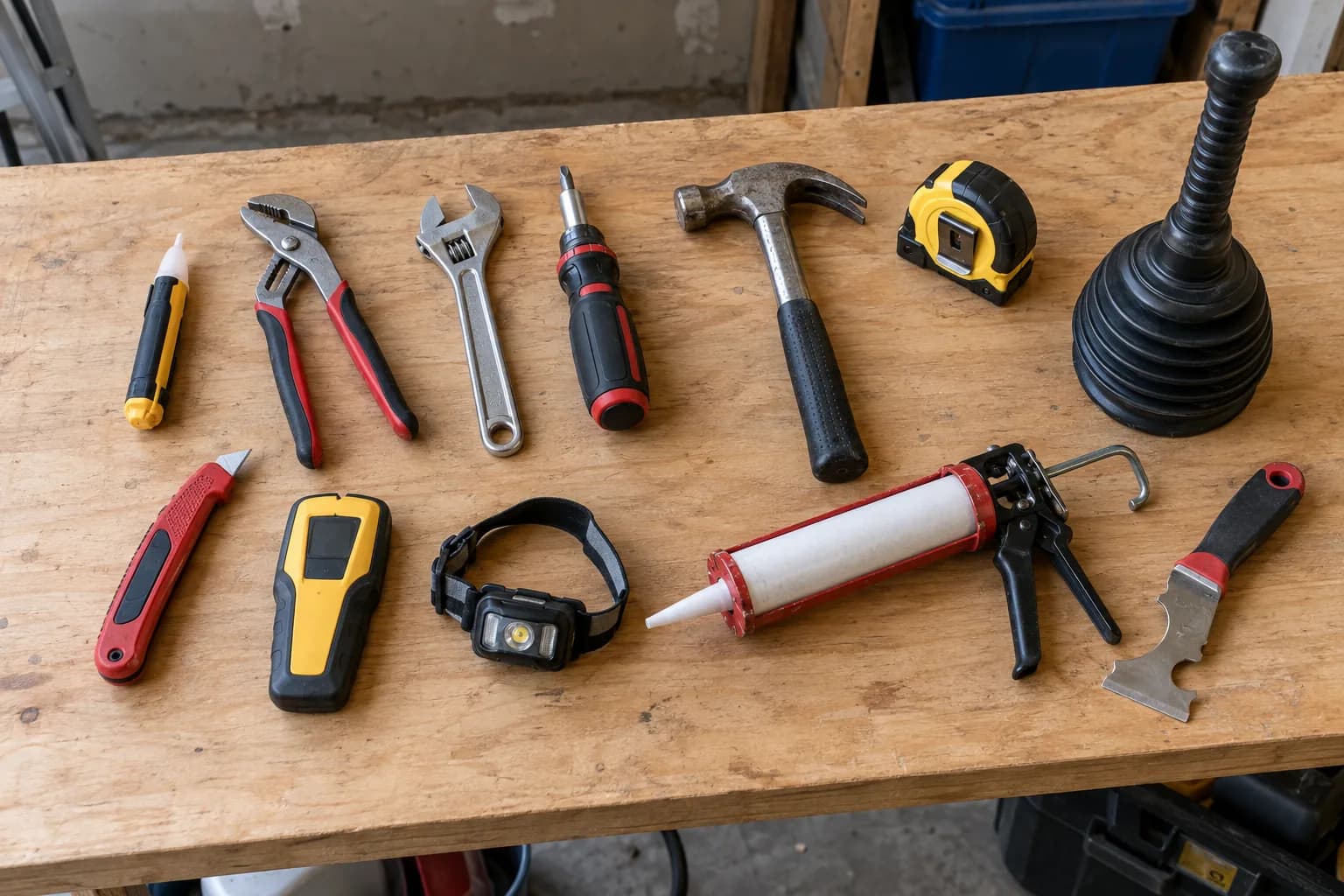 Twelve practical home-maintenance tools arranged on a well-used plywood workbench.