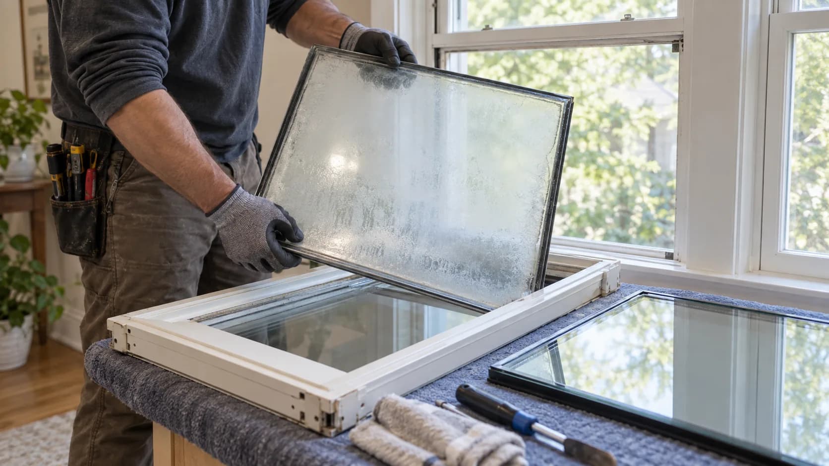 A glazier lifts a fogged insulated glass unit out of a double-hung window sash.