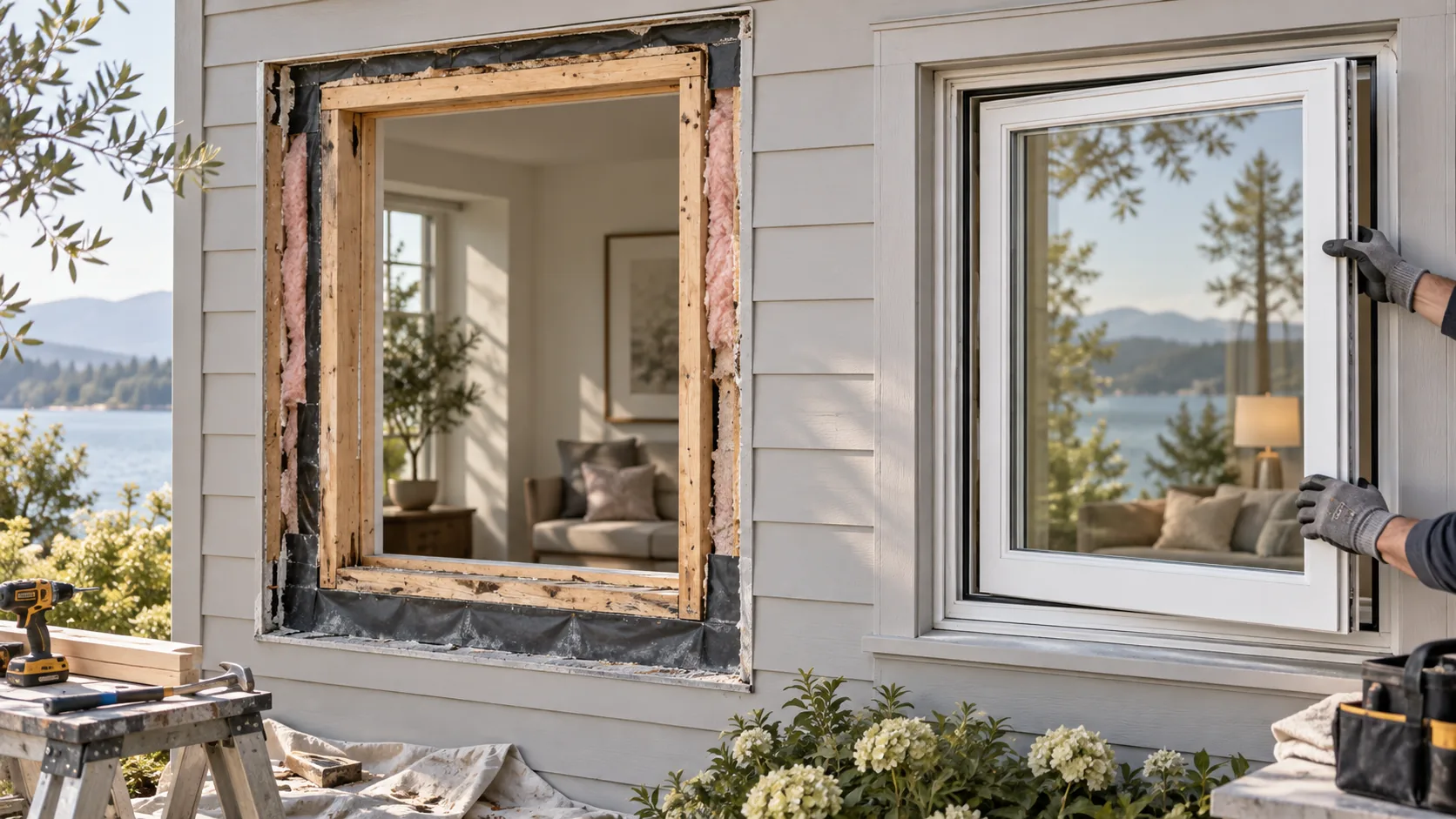 An installer compares a full-frame window opening with a pocket replacement fitted inside an existing frame.
