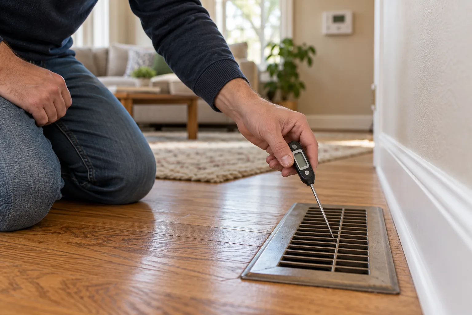 A homeowner holds a probe thermometer to a floor register beside a thermostat set to heat.