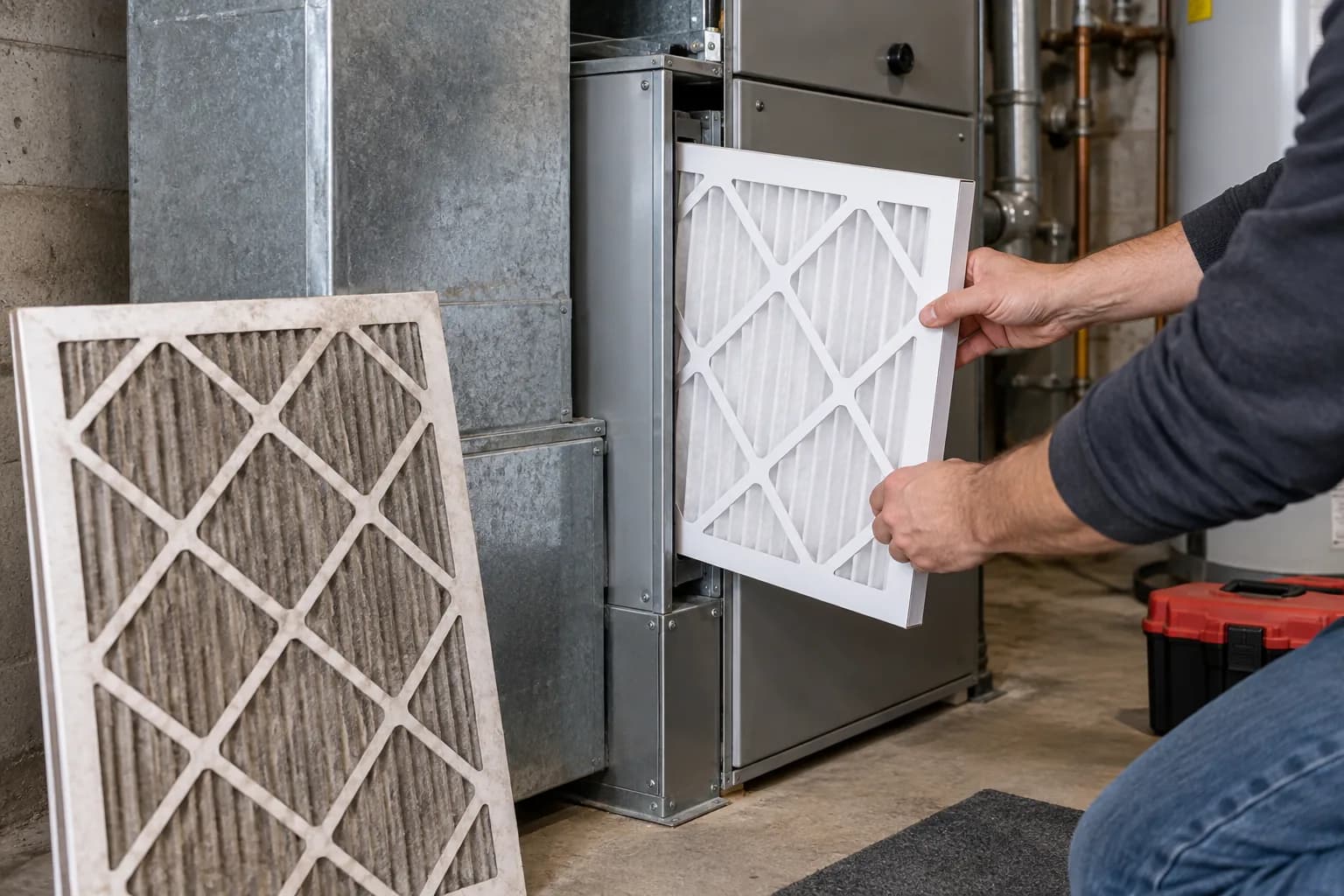A homeowner replaces a dirty furnace filter with a clean pleated filter.