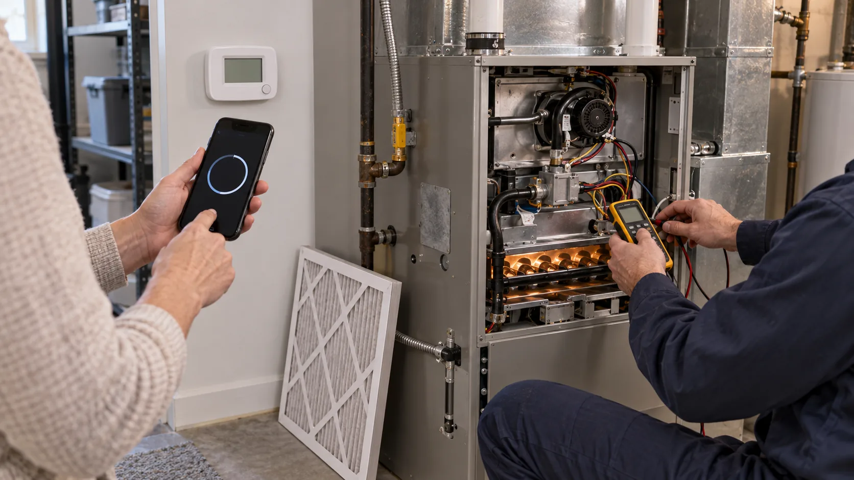 A homeowner times a furnace cycle on a phone next to a wall thermostat.