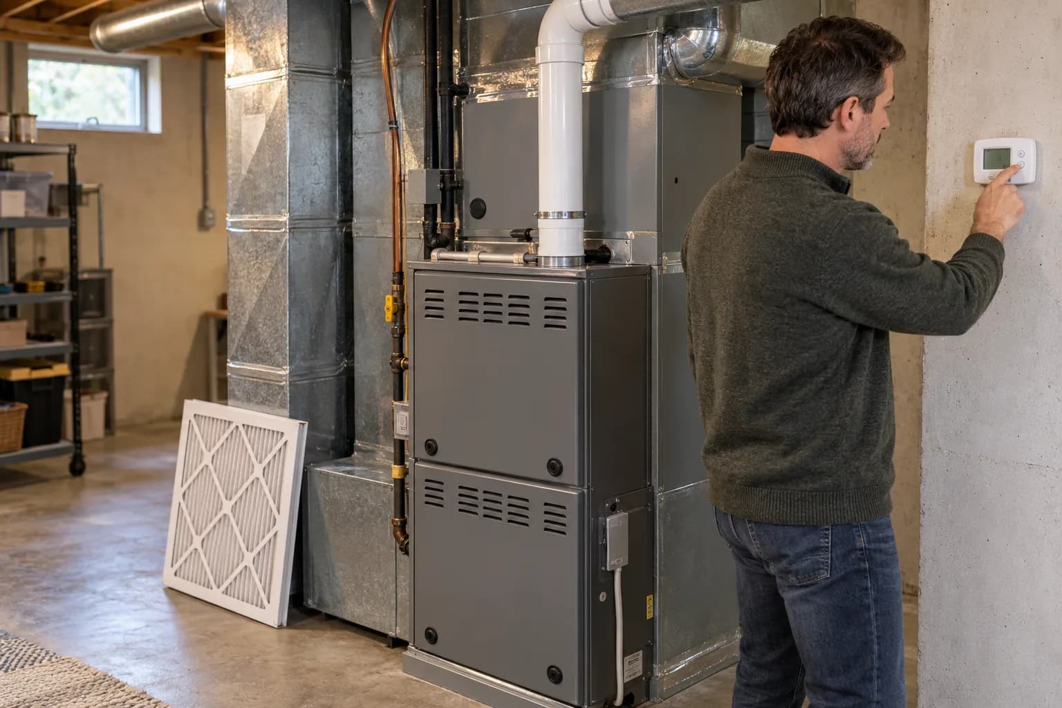 A homeowner stands near a basement gas furnace with the thermostat set to heat for the first time of the season.