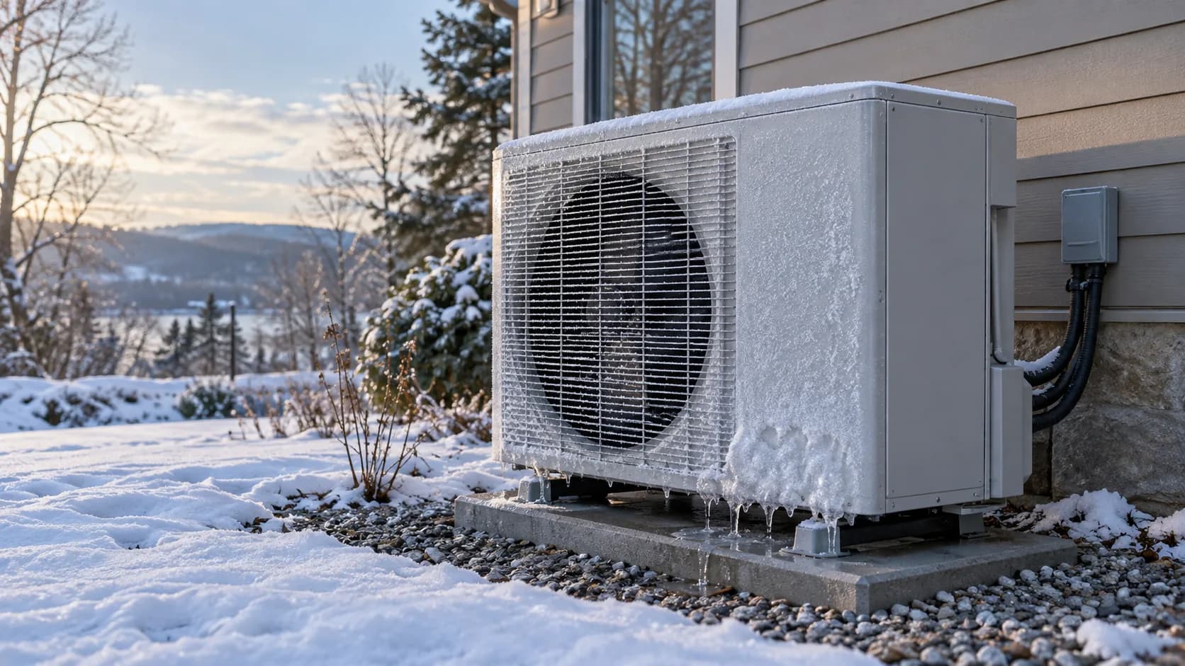 An outdoor heat pump unit on a raised pad with a light layer of frost on its coil in winter.