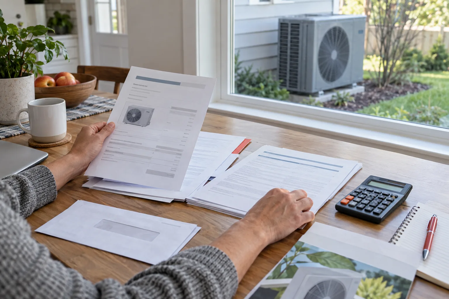 A homeowner reviews heat-pump estimates and incentive paperwork beside a calculator.