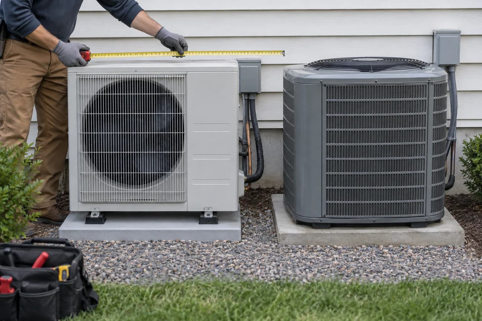 A technician compares a modern heat pump with a conventional central AC condenser.