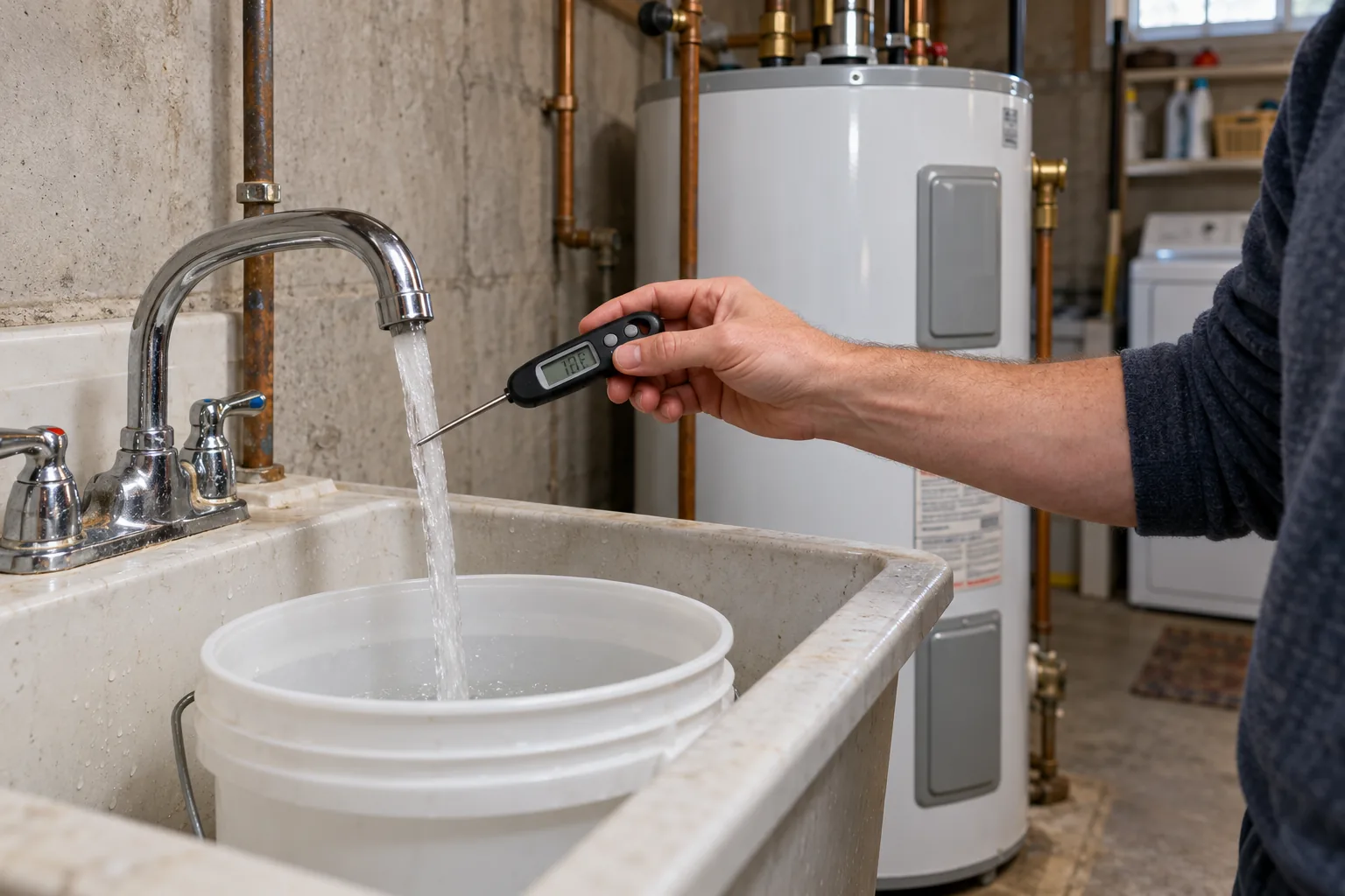 A homeowner holds a kitchen thermometer under a running tap beside a tank water heater's data plate.