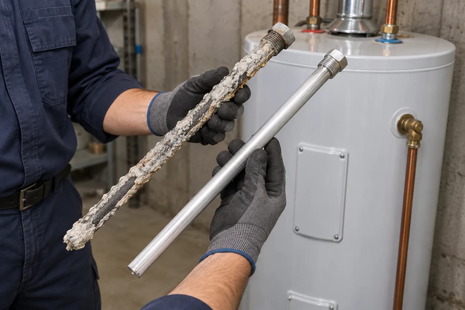 A plumber holds a corroded anode rod pulled from the top of a tank water heater beside a new aluminum replacement.