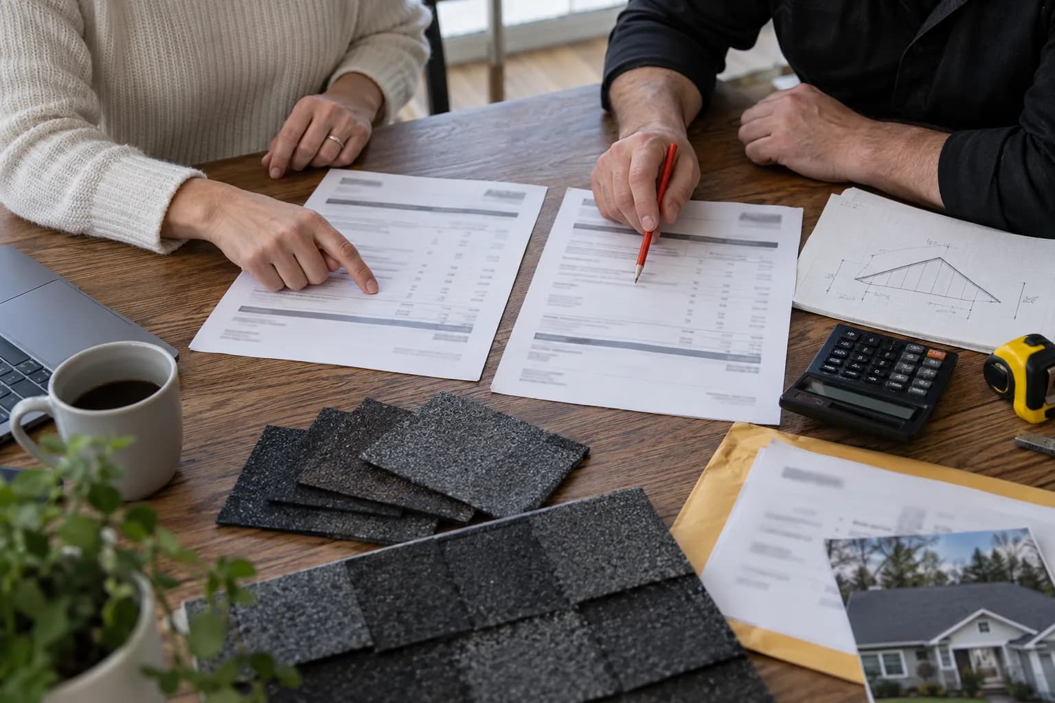 A homeowner and roofer compare estimates beside shingle samples and roof measurements.