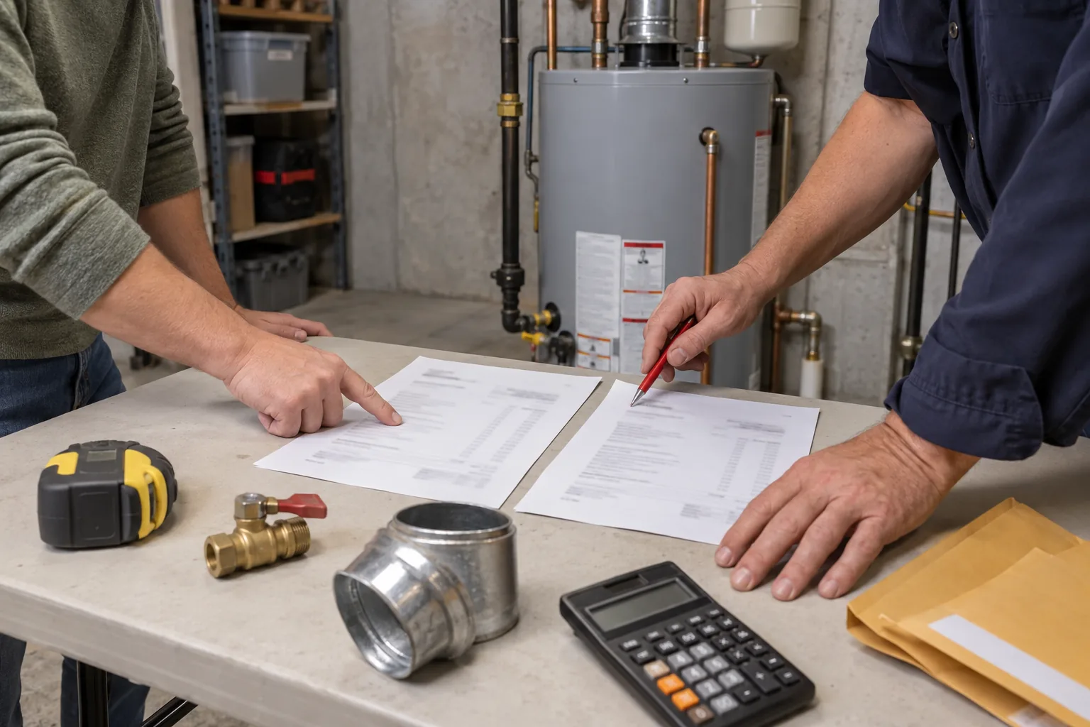 A homeowner and plumber compare water-heater estimates beside fittings and a calculator.