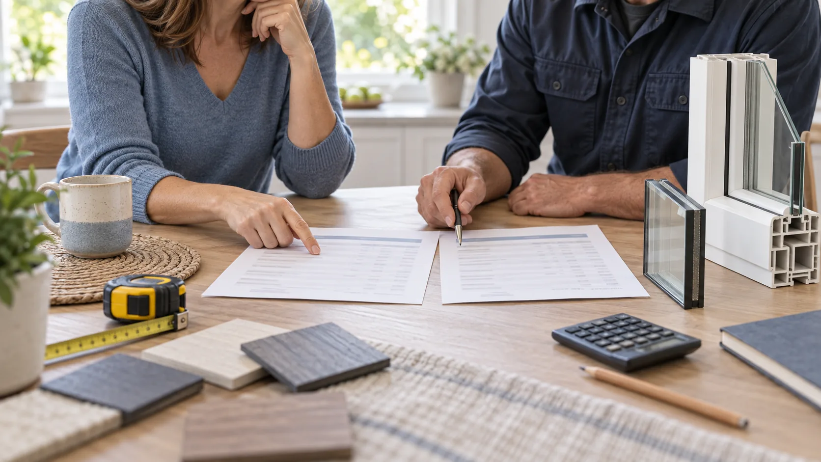 A homeowner and installer compare window estimates beside frame and glass samples.