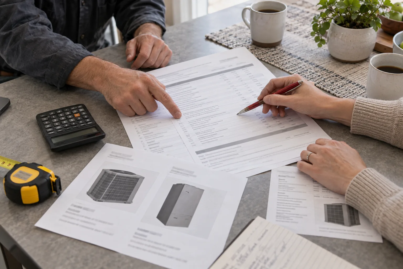 A homeowner and contractor compare line items on a detailed HVAC estimate.