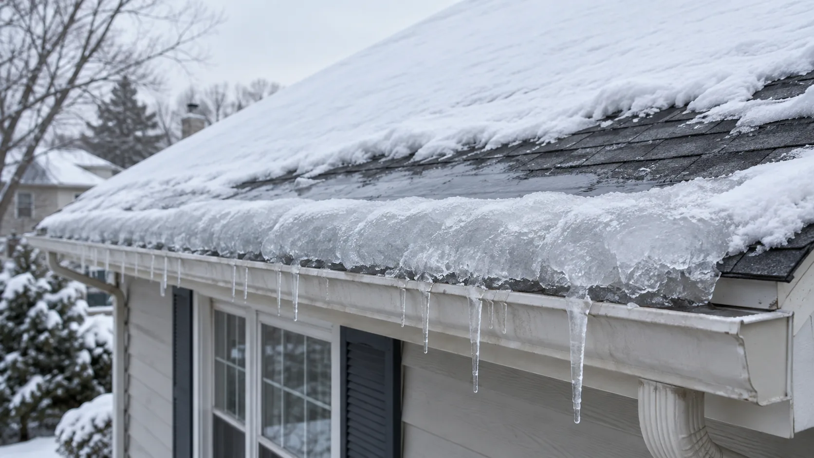A ridge of ice and hanging icicles along the eave of a snow-covered shingle roof.