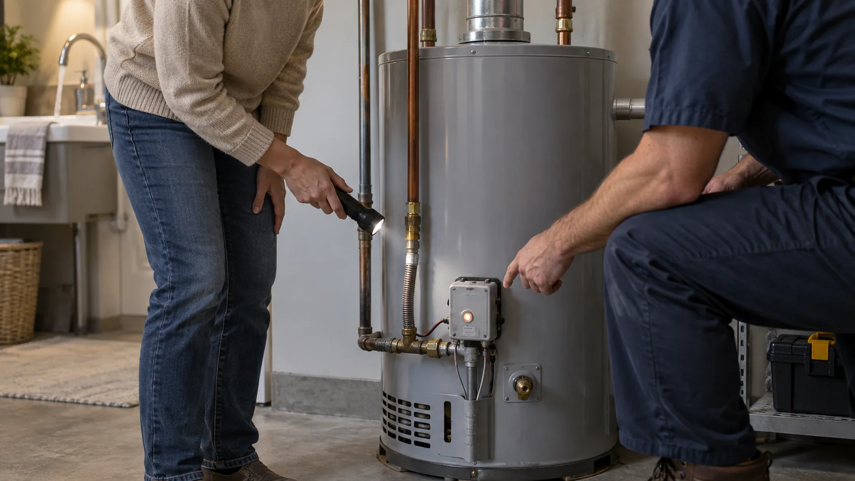 A homeowner checks the status light on a gas water heater's control valve while a technician looks on.