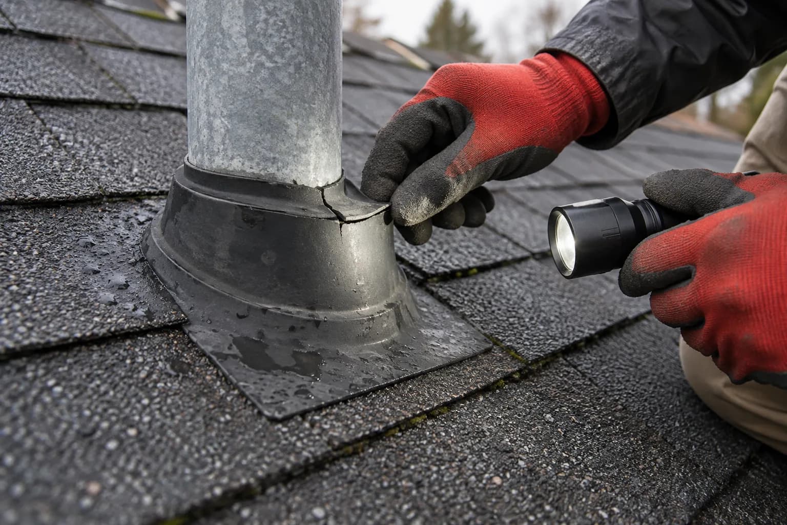 A roofer inspects a cracked rubber boot around a plumbing vent after rain.