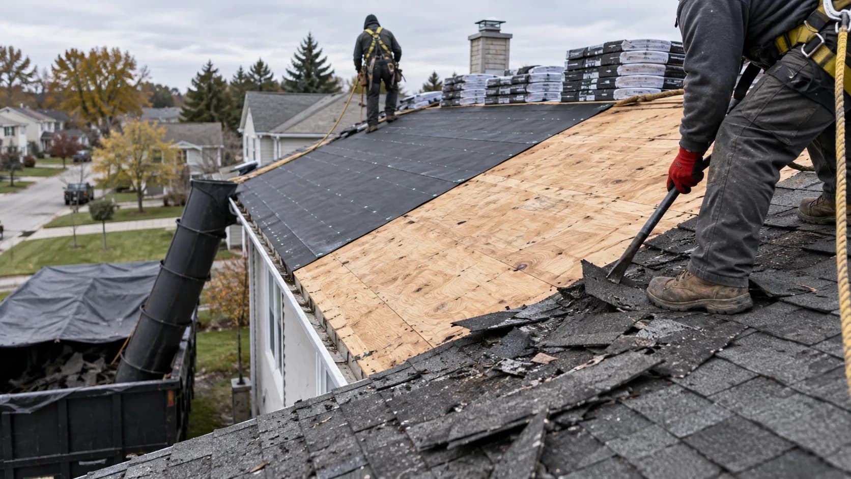 Roofers expose decking and underlayment during a staged asphalt-shingle tear-off.