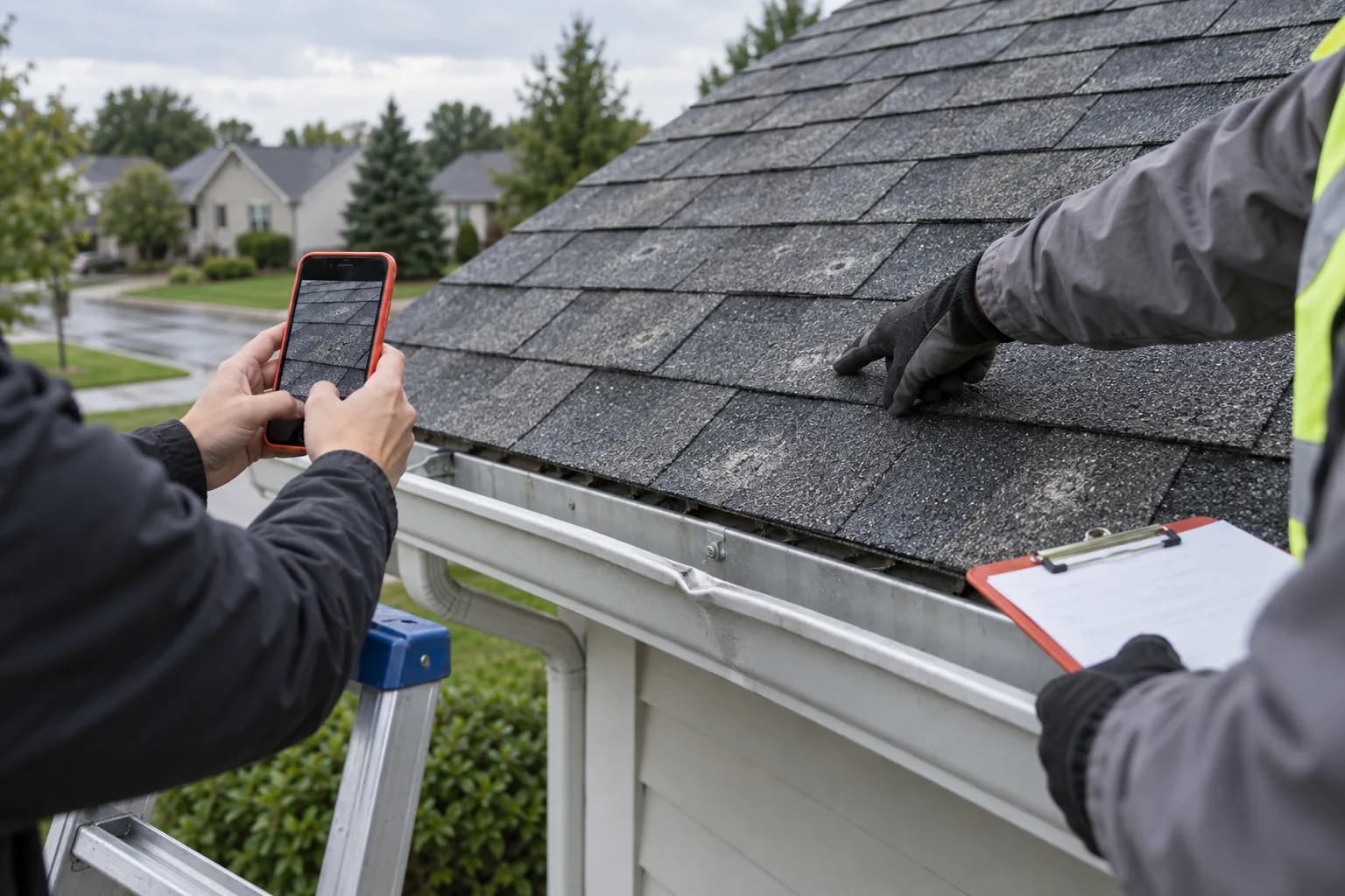 A homeowner photographs hail damage while a roofer documents the affected shingles.