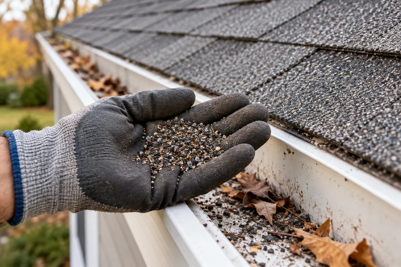 A gloved hand holds a scoop of dark shingle granules pulled from a gutter, with an asphalt shingle roof behind it.