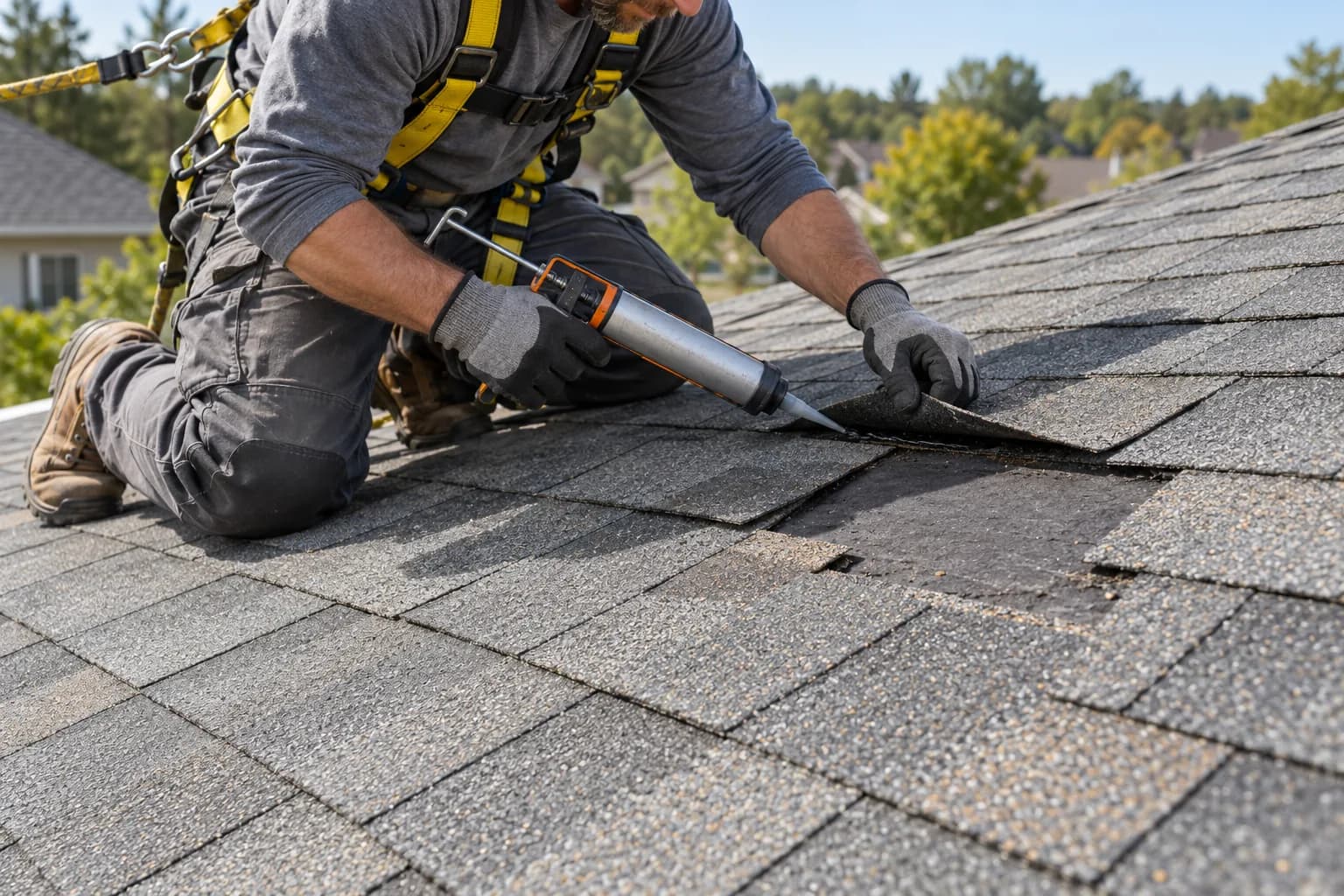 A roofer on a harness hand-seals a row of lifted asphalt shingles beside a gap where two shingles blew off.