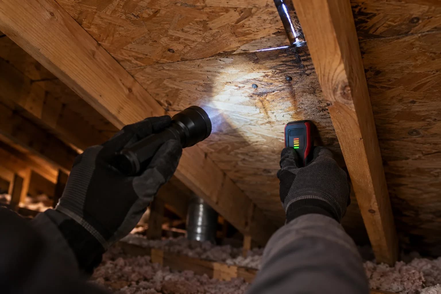 An inspector checks subtly stained attic sheathing with a flashlight and moisture meter.