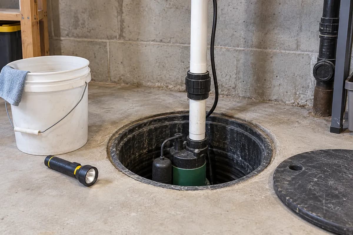 A sump pump and discharge pipe in an open basin beside a bucket and flashlight on a dry basement floor.