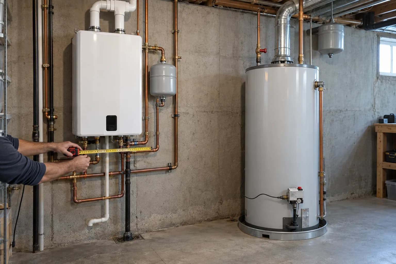 A plumber compares the pipe runs for a wall-mounted tankless heater and a conventional tank.