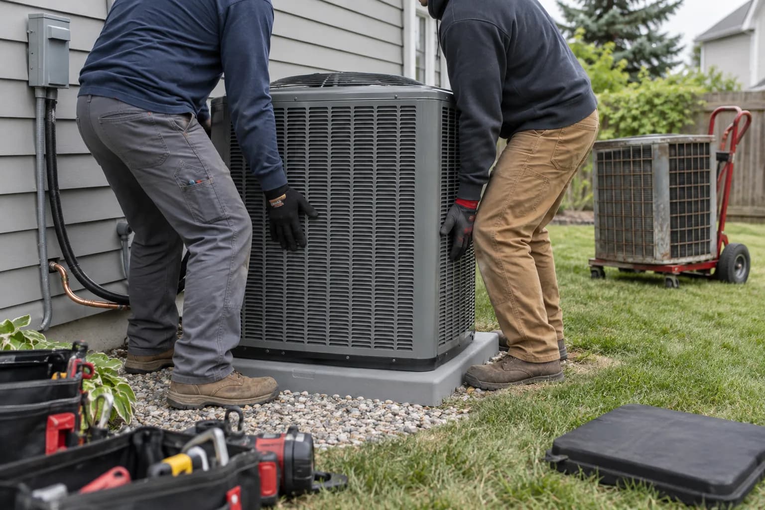 Two technicians position a new AC condenser while the old unit waits on a hand truck.