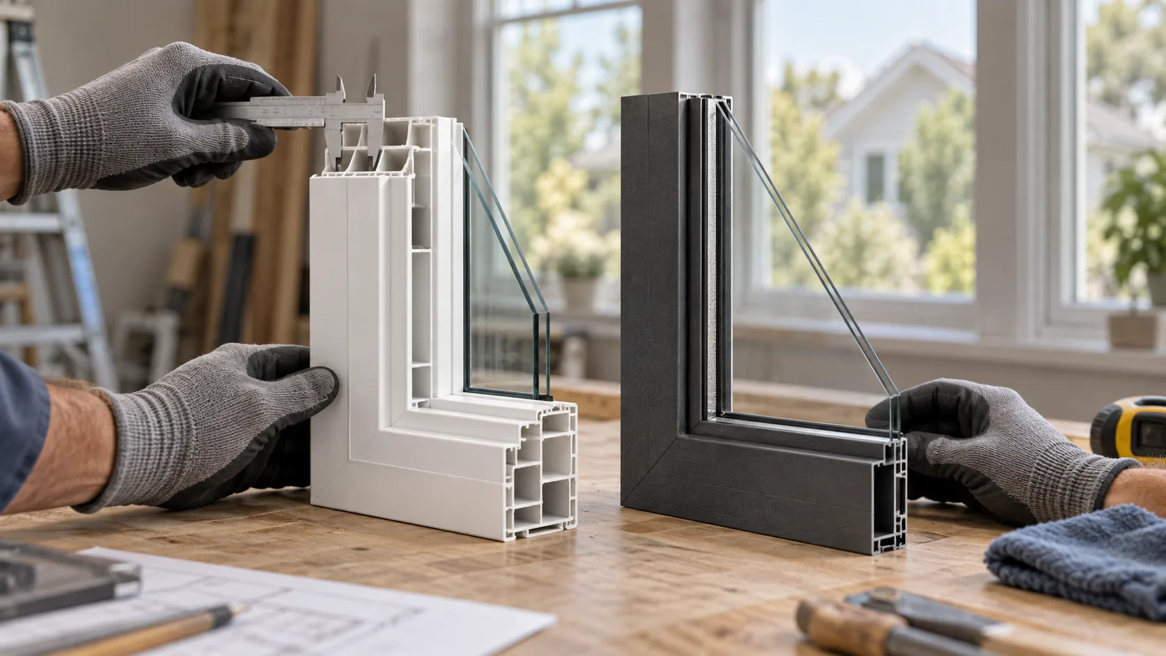 An installer compares vinyl and fiberglass window-frame samples under identical light.