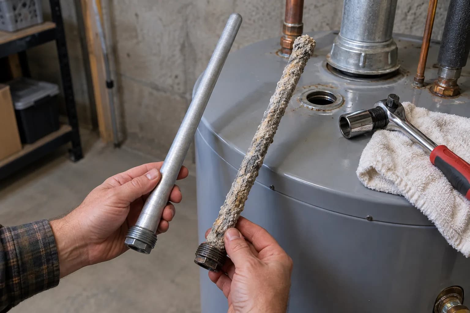 A new magnesium anode rod is compared with a heavily corroded rod removed from a water heater.