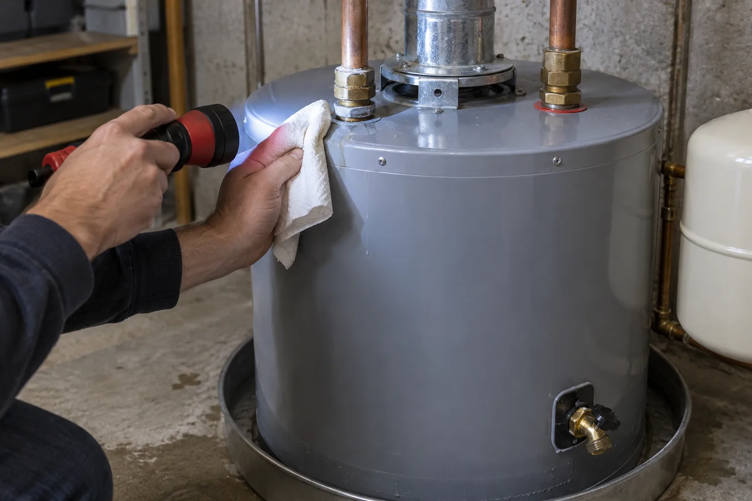 A plumber traces a small leak from the upper fitting of a tank water heater.