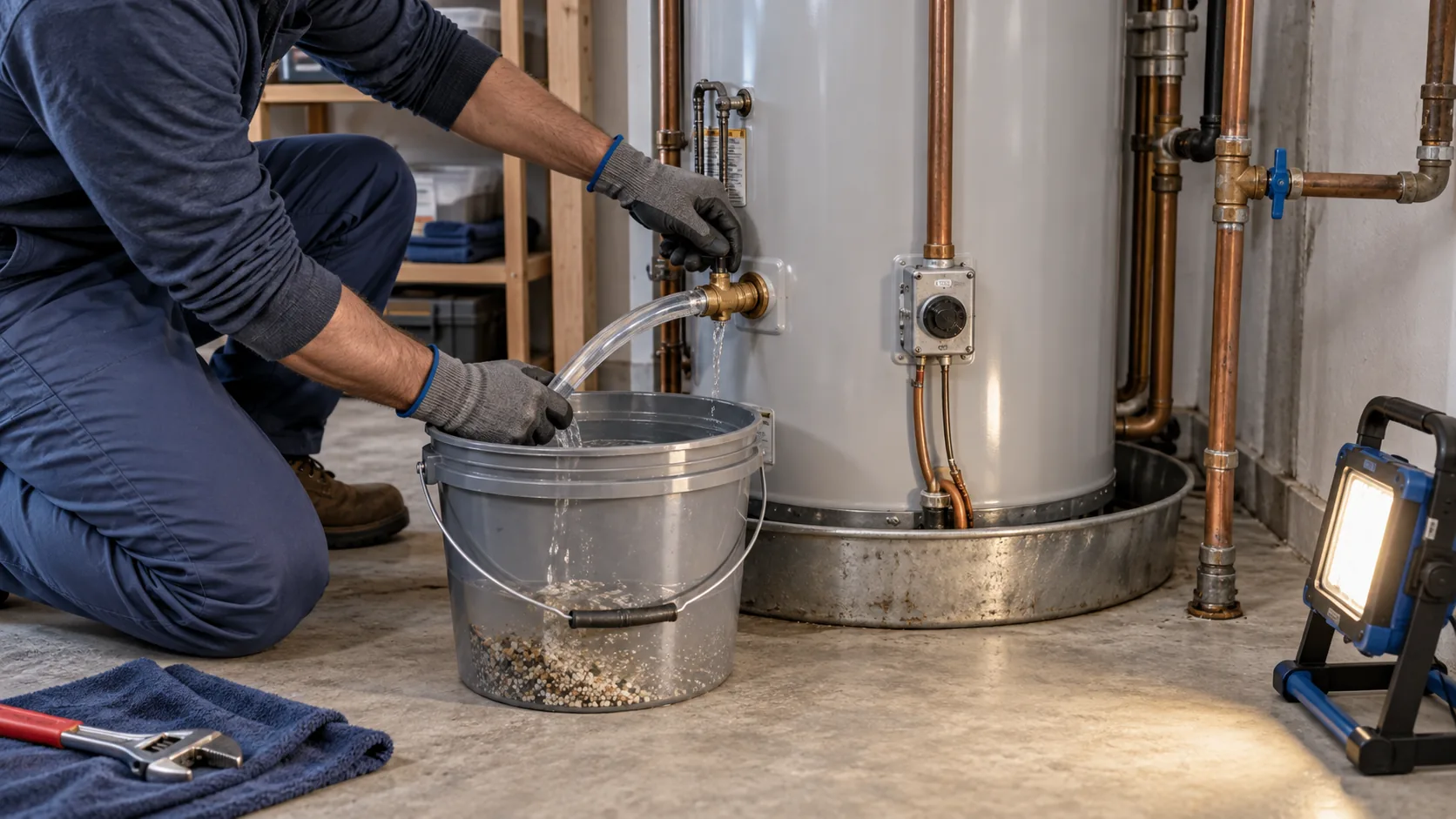A technician flushes sediment from a tank water heater through the drain valve.