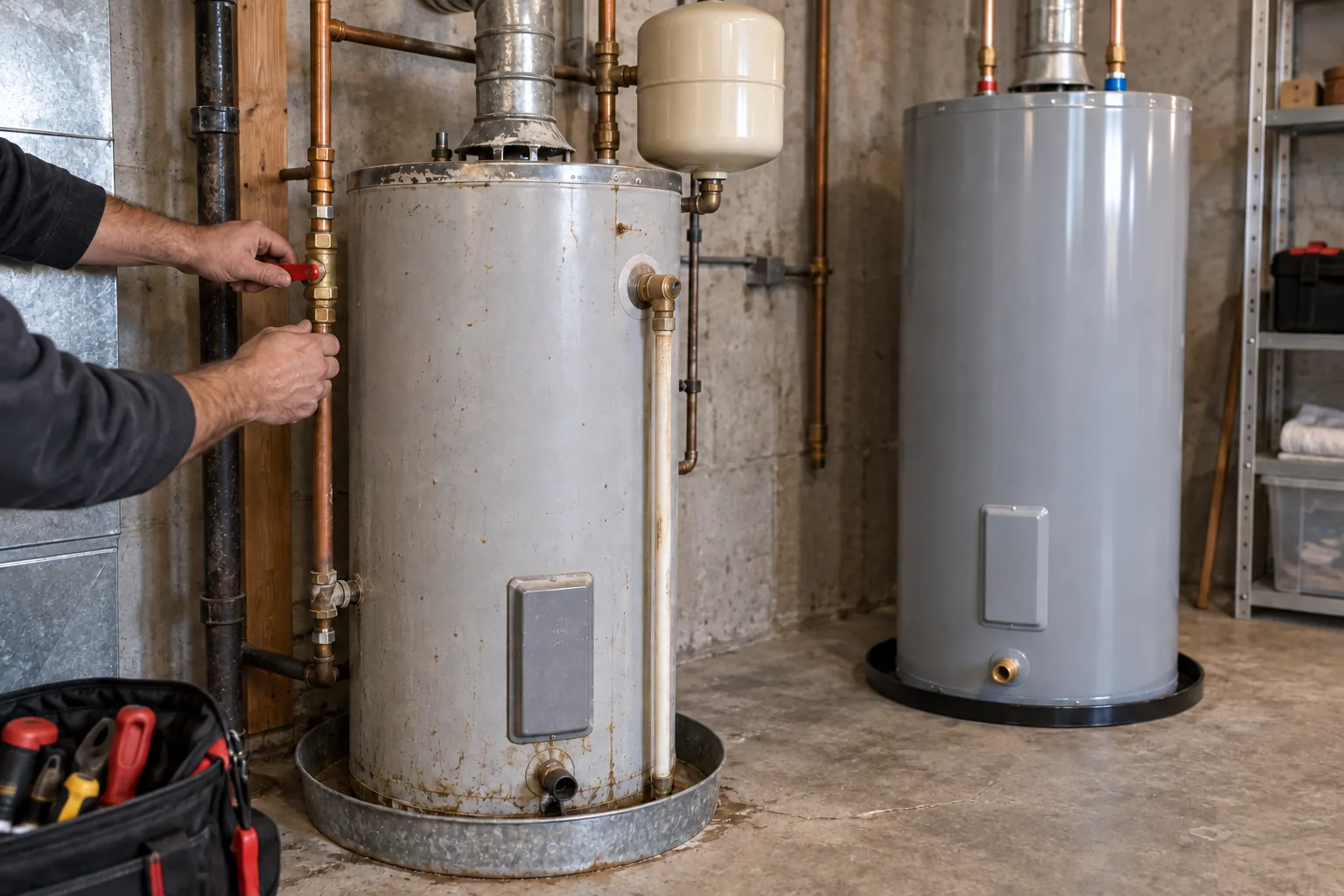 A technician inspects an aging tank water heater beside a clean replacement unit.