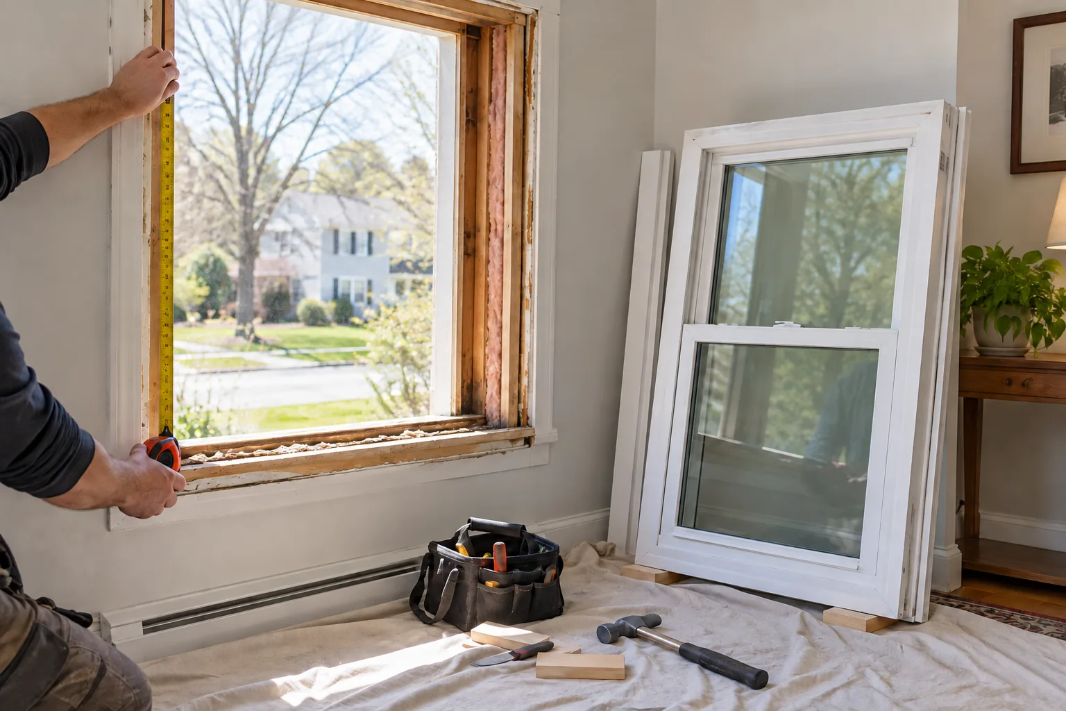 A window installer measures an exposed opening beside a new double-hung replacement window.